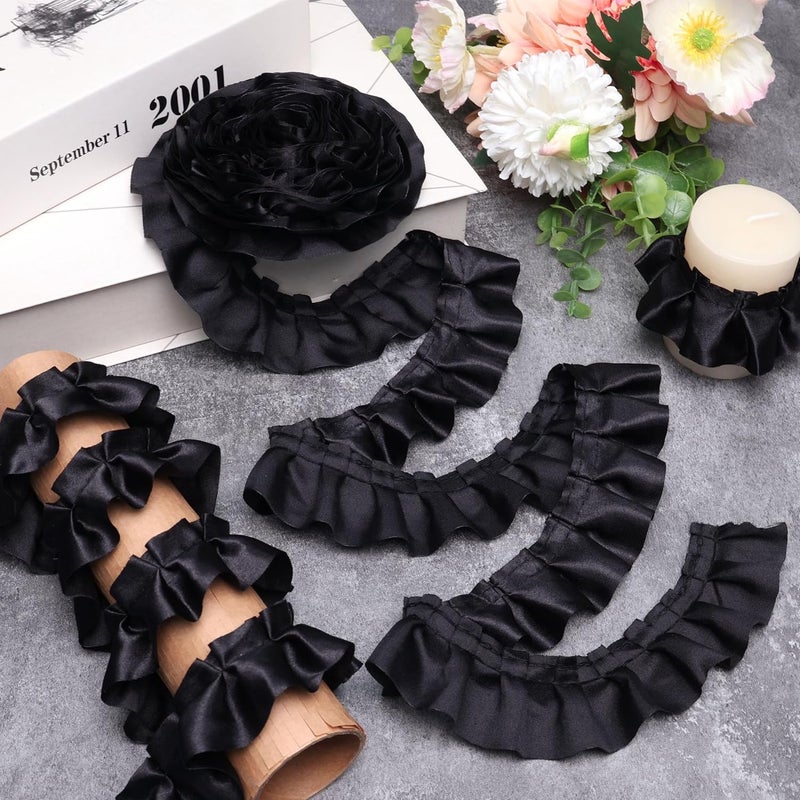 AIETSYEI Black Ruffle Pleated Lace Trim Satin Ribbon Gather Ruffle Edge for Applique Sewing Crafts, Home Decoration - Image 1